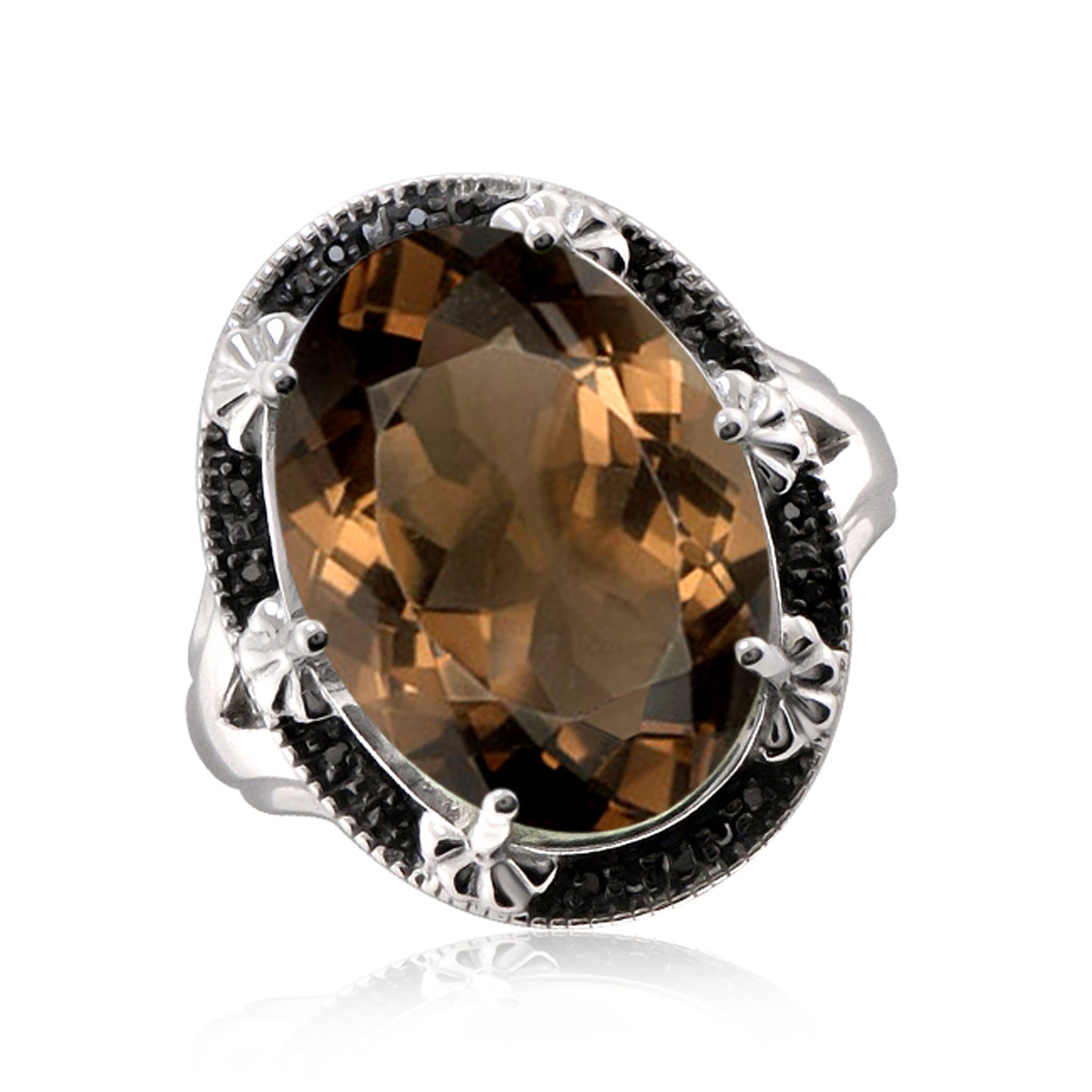JewelonFire 11 1/4 Carat T.G.W. Smoky Quartz And 1/20 Carat T.W. Black Diamond Sterling Silver Ring