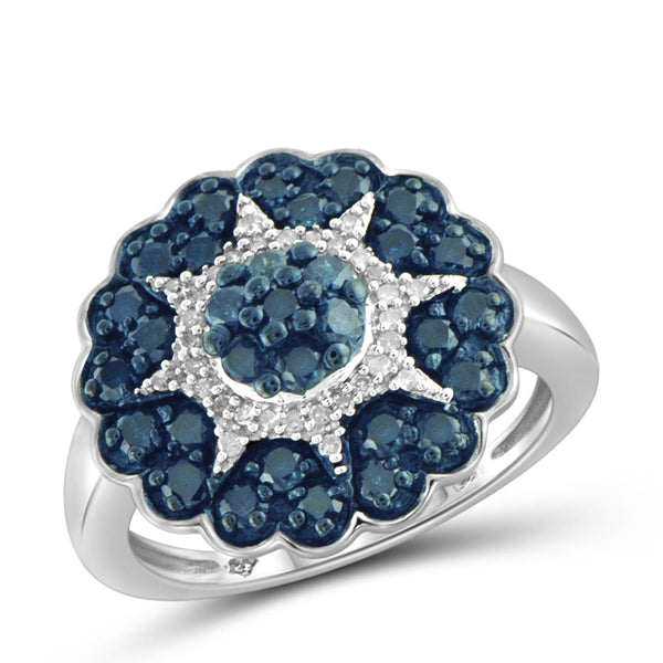 JewelonFire 1 Carat T.W. Blue And White Diamond Sterling Silver Flower Themed Ring