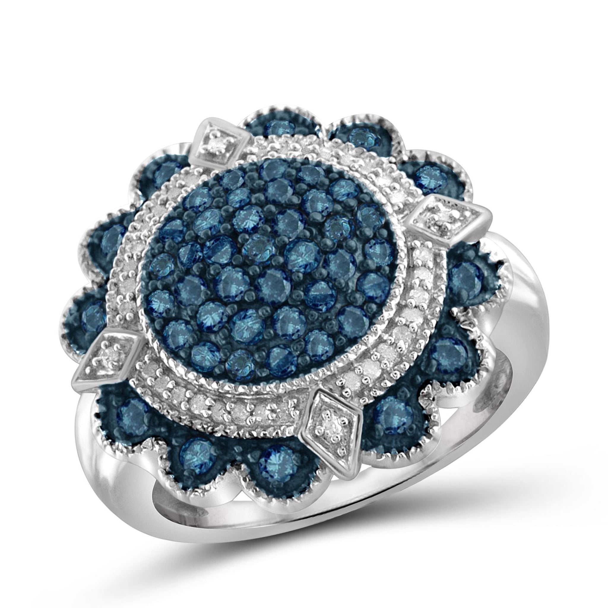 JewelonFire 1 Carat T.W. Blue And White Diamond Sterling Silver Milgrain Halo Ring