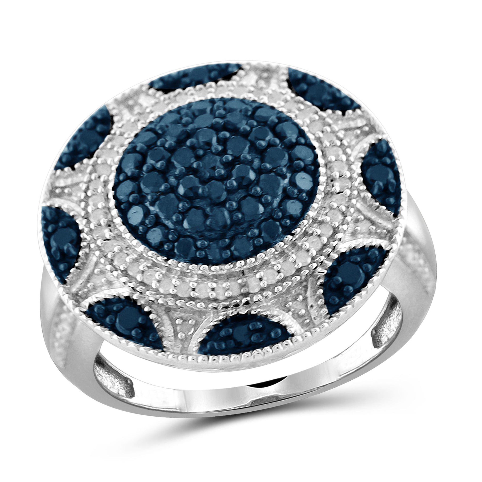 JewelonFire 1 Carat T.W. Blue And White Diamond Sterling Silver Sun Burst Ring