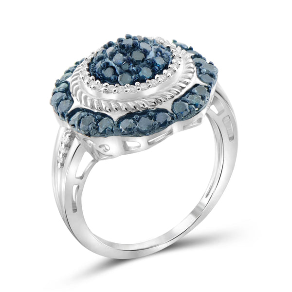 JewelonFire 1 Carat T.W. Blue And White Diamond Sterling Silver Burst Tripple Halo Ring