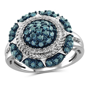 JewelonFire 1 Carat T.W. Blue And White Diamond Sterling Silver Burst Tripple Halo Ring