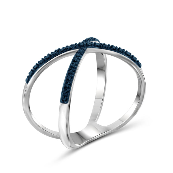 JewelonFire 1/10 CTW Blue Diamond Sterling Silver "X" Ring
