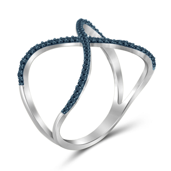 JewelonFire 1/7 Carat T.W. Blue Diamond Sterling Silver "X" Ring