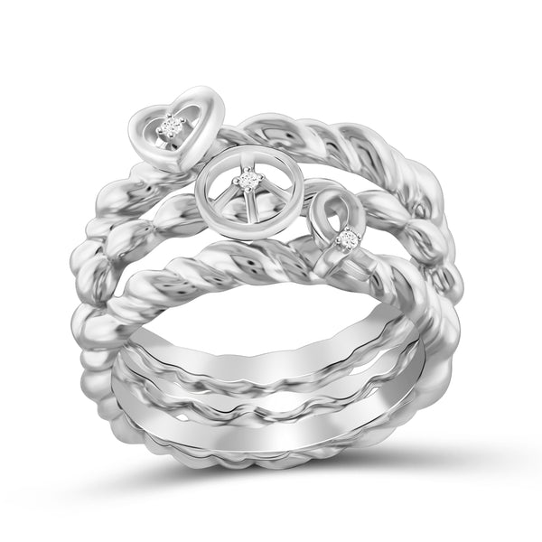 JewelonFire White Diamond Accent Heart, Peace & Ribbon Sterling Silver Ring - Assorted Colors