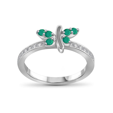 JewelonFire 0.35 Carat T.G.W. Emerald And 1/20 Carat T.W. White Diamond Sterling Silver Butterfly Ring - Assorted Colors
