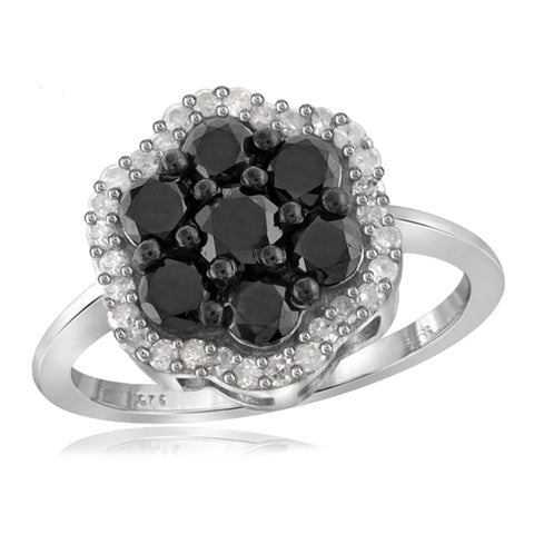 JewelonFire 1.00 Carat T.W. Black And White Diamond Sterling Silver Cluster Ring