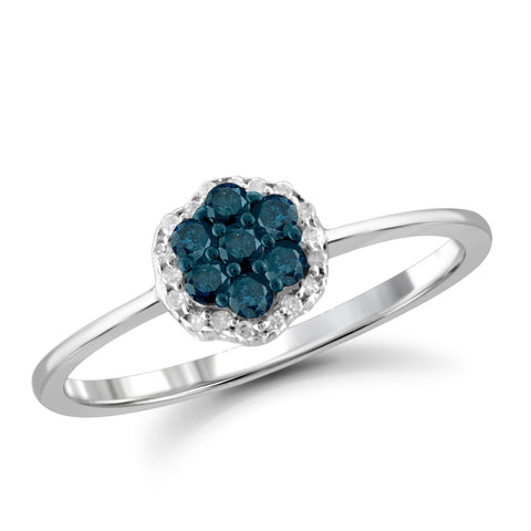 JewelonFire 1/4 Carat T.W. Blue And White Diamond Sterling Silver Cluster Ring