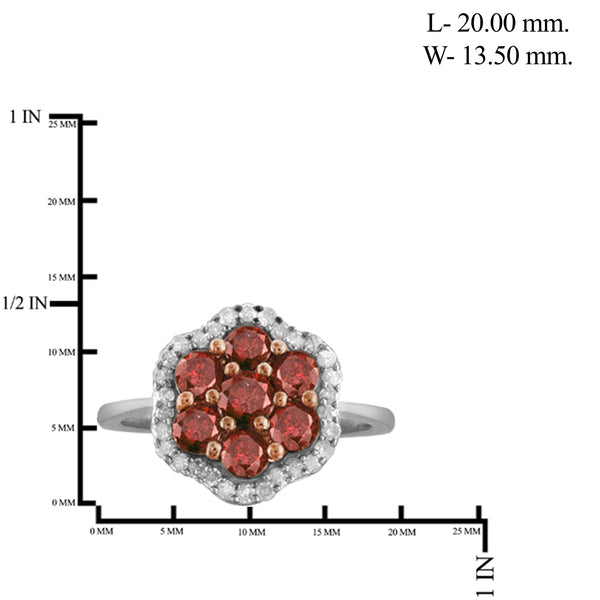 JewelonFire 1.00 Carat T.W. Red And White Diamond Sterling Silver Cluster Ring
