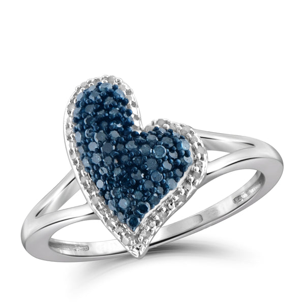 JewelonFire 1.00 Carat T.W. Blue And White Diamond Sterling Silver 3 Piece Heart Jewelry Set